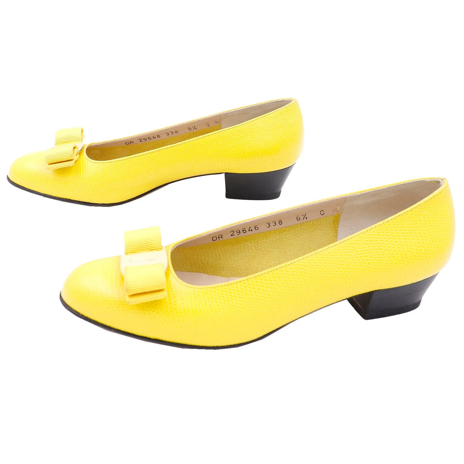 1980s Salvatore Ferragamo Yellow Snakeskin Embossed Leather Bow Shoes