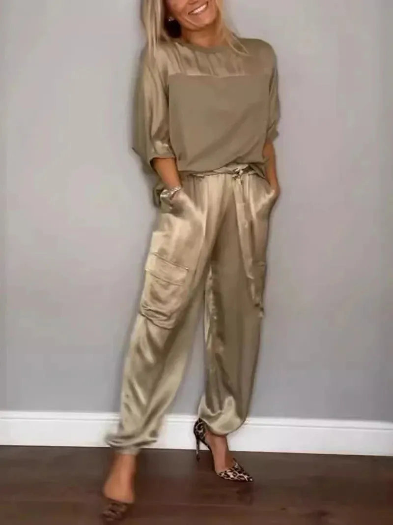 2024 Summer Elegant Women's Smooth Satin Set Street Scenery Smooth Satin Half Sleeve Shirt Casual Pants Sports Two Piece Set