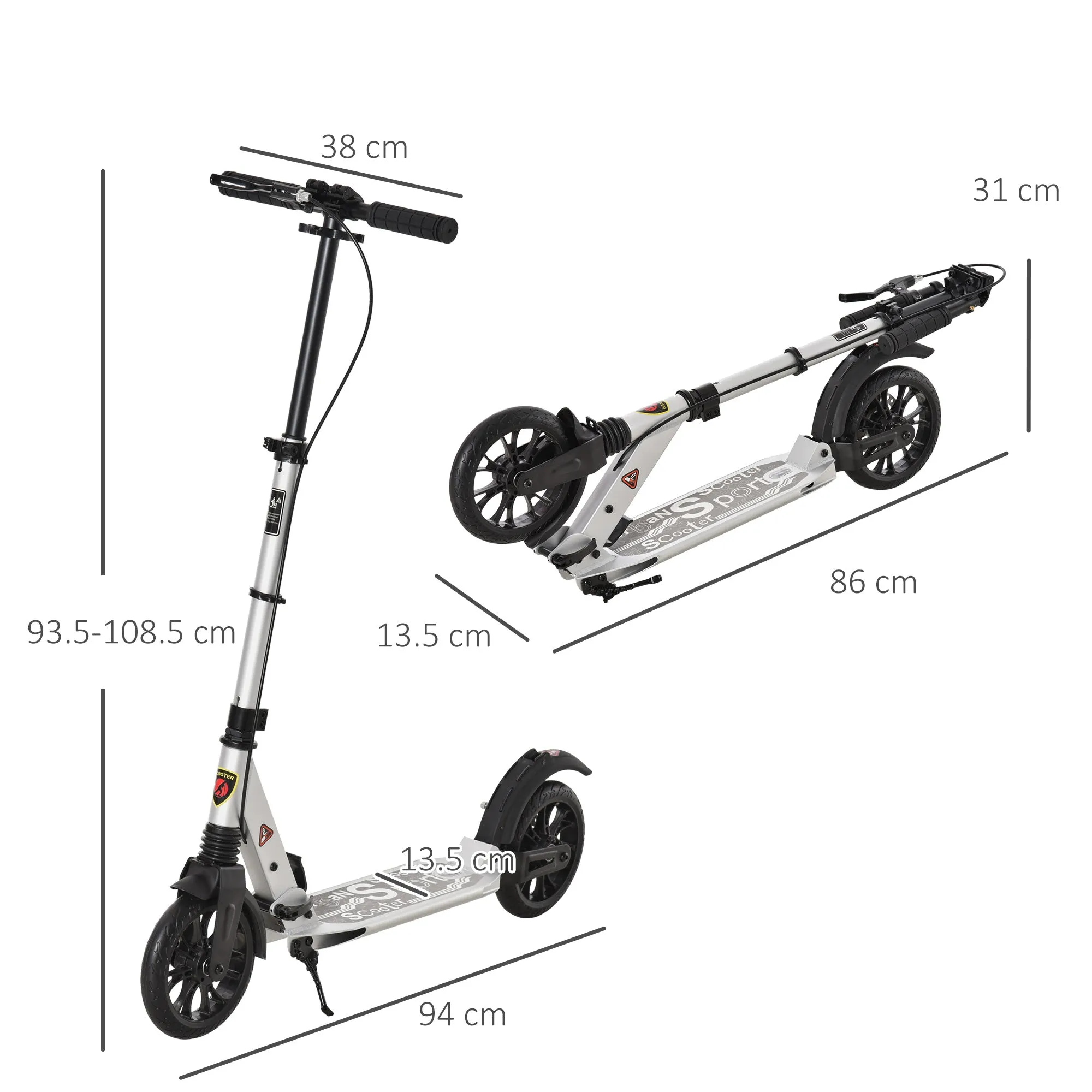 Adult Teens Kick Scooter Fold Adjust 14  w/ Rear Wheel&Hand Brake Silver