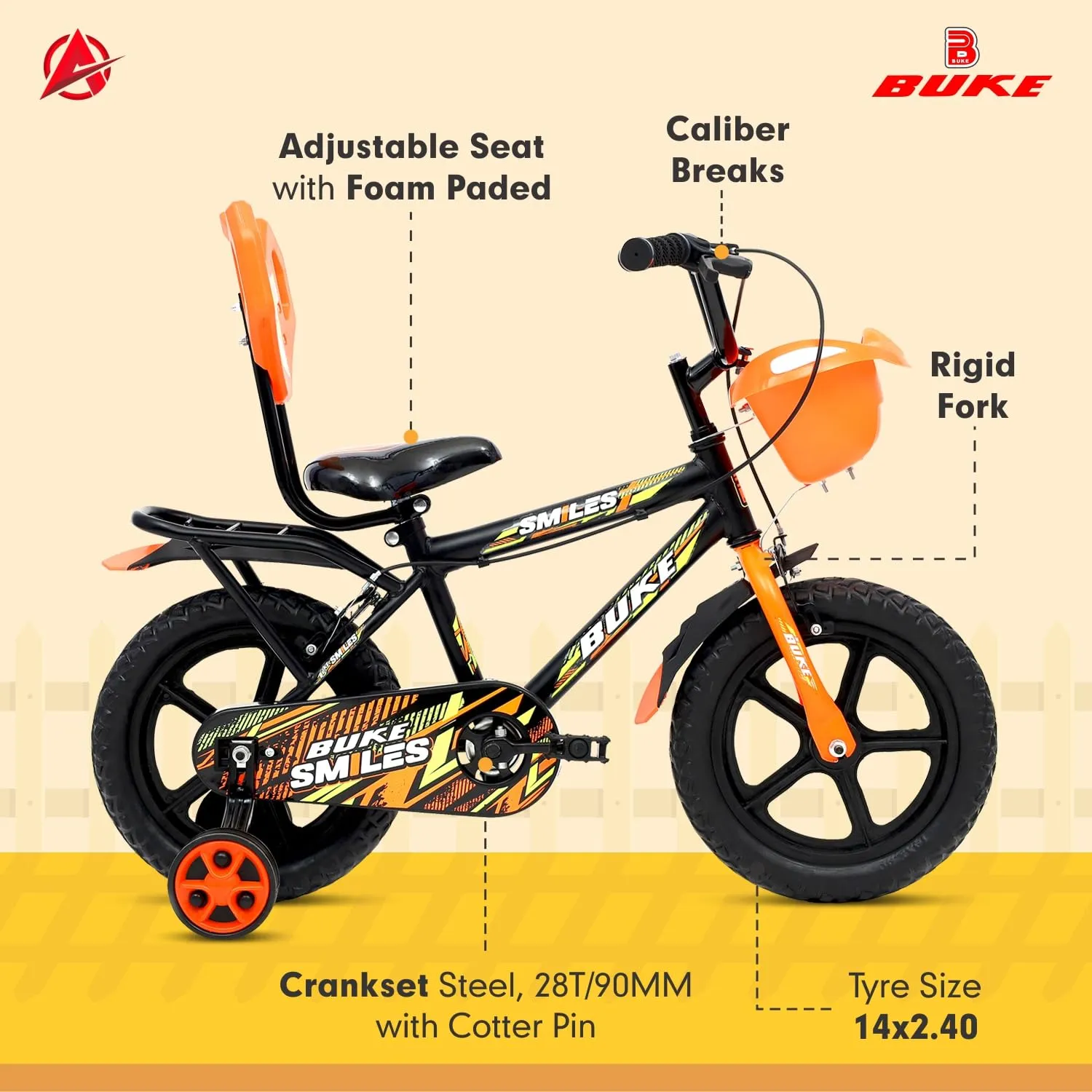 Avon Buke Smiles 14T Cycle for Kids 2 to 5 Years - Bike for Boys and Girls| Rigid Fork & Caliper Brake | Ideal Cycle for Kids: 2-4yrs |