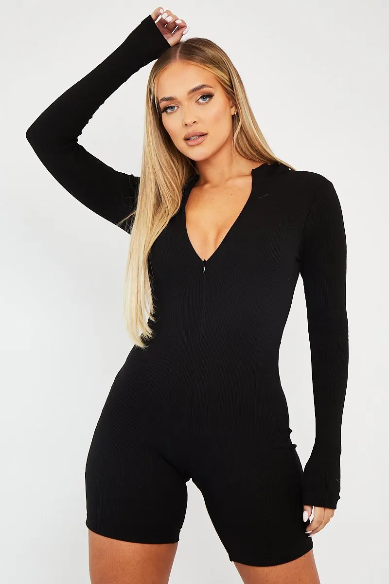 Black Zip Up Long Sleeve Ribbed Unitard - Lily