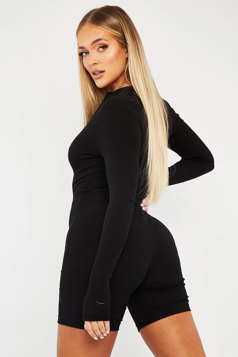 Black Zip Up Long Sleeve Ribbed Unitard - Lily