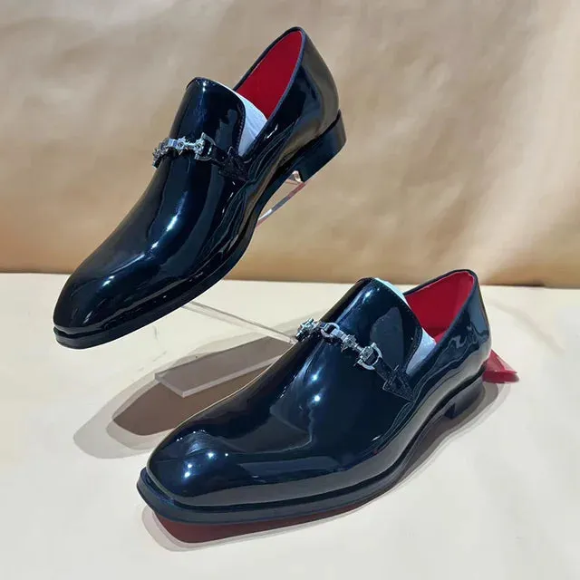 Chain Metal Clip Black Leather Loafers