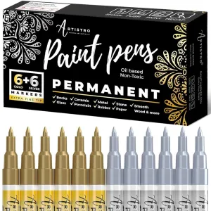 Extra Fine Tip Oil Based silver paint marker & gold- Set of 12 silver paint pens