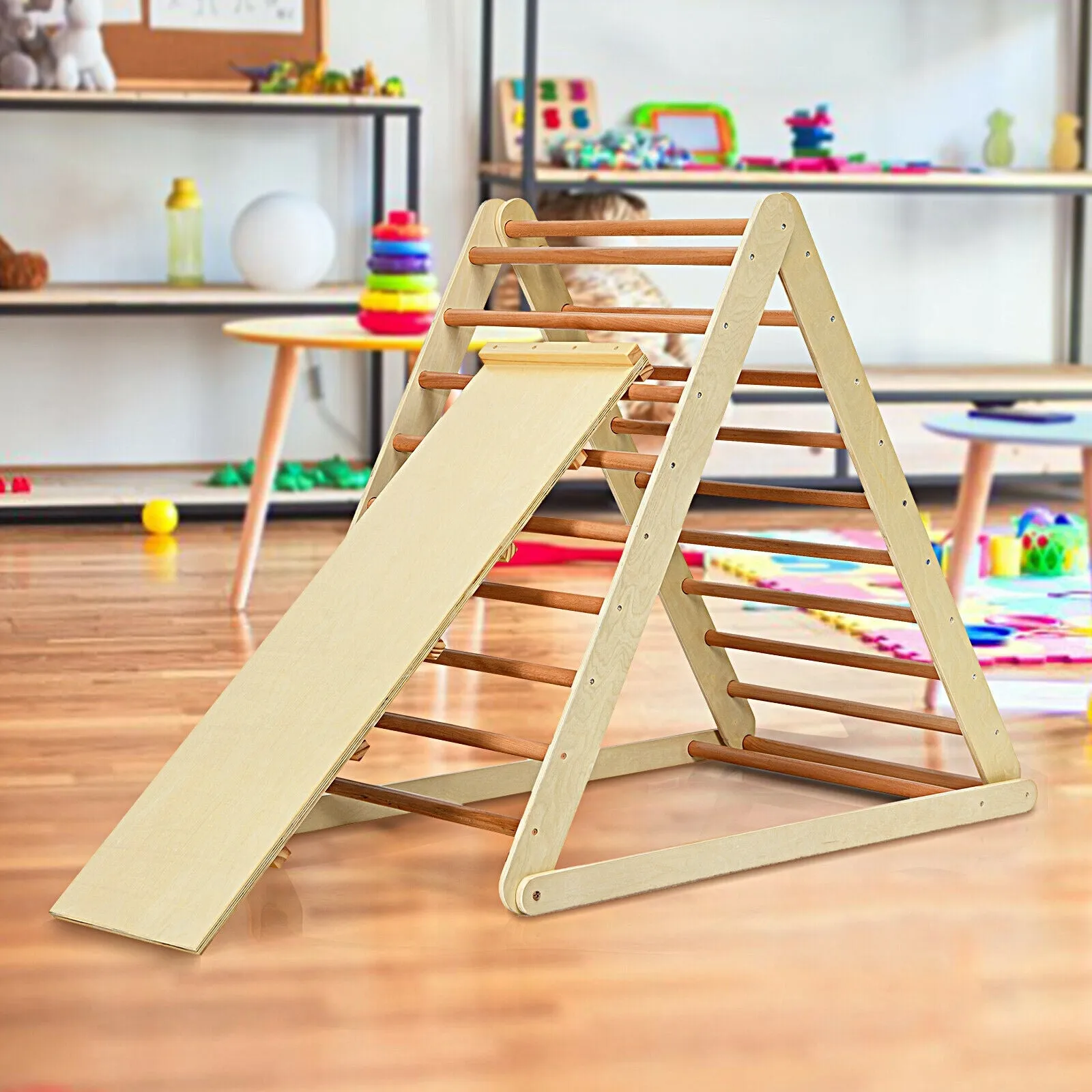 Foldable Wooden Climbing Triangle Indoor with Ladder for Toddler Baby-Natural