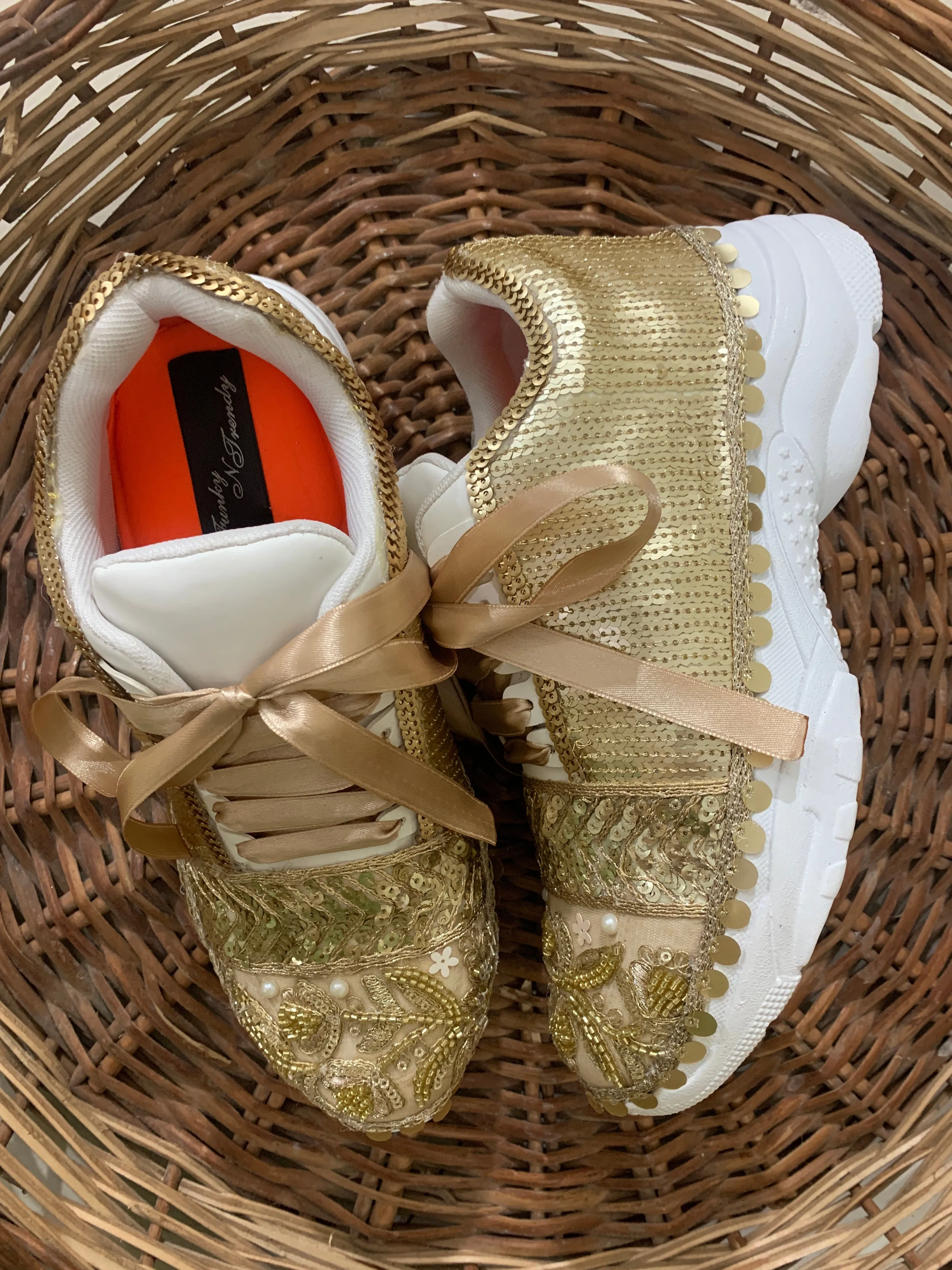 FUNKY N TRENDY handcrafted golden sequine work bridal sneakers / bridesmaid sneakers/ gold sneakers / sequine work sneakers / embroidery sneakers for bride / bridal sneakers