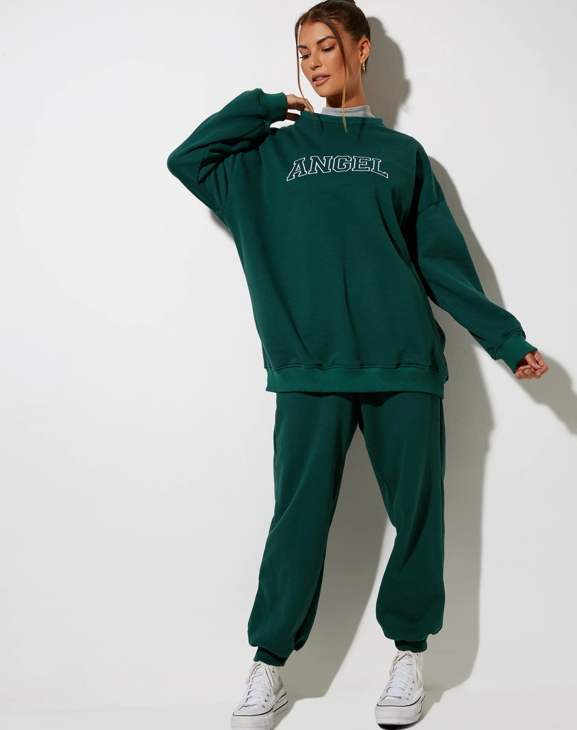 Glo Sweatshirt in Bottle Green with 'Angel' Embro in White