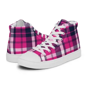 Hot Pink and Navy Blue Surfer Girl Plaid Women’s High Top Canvas Shoes