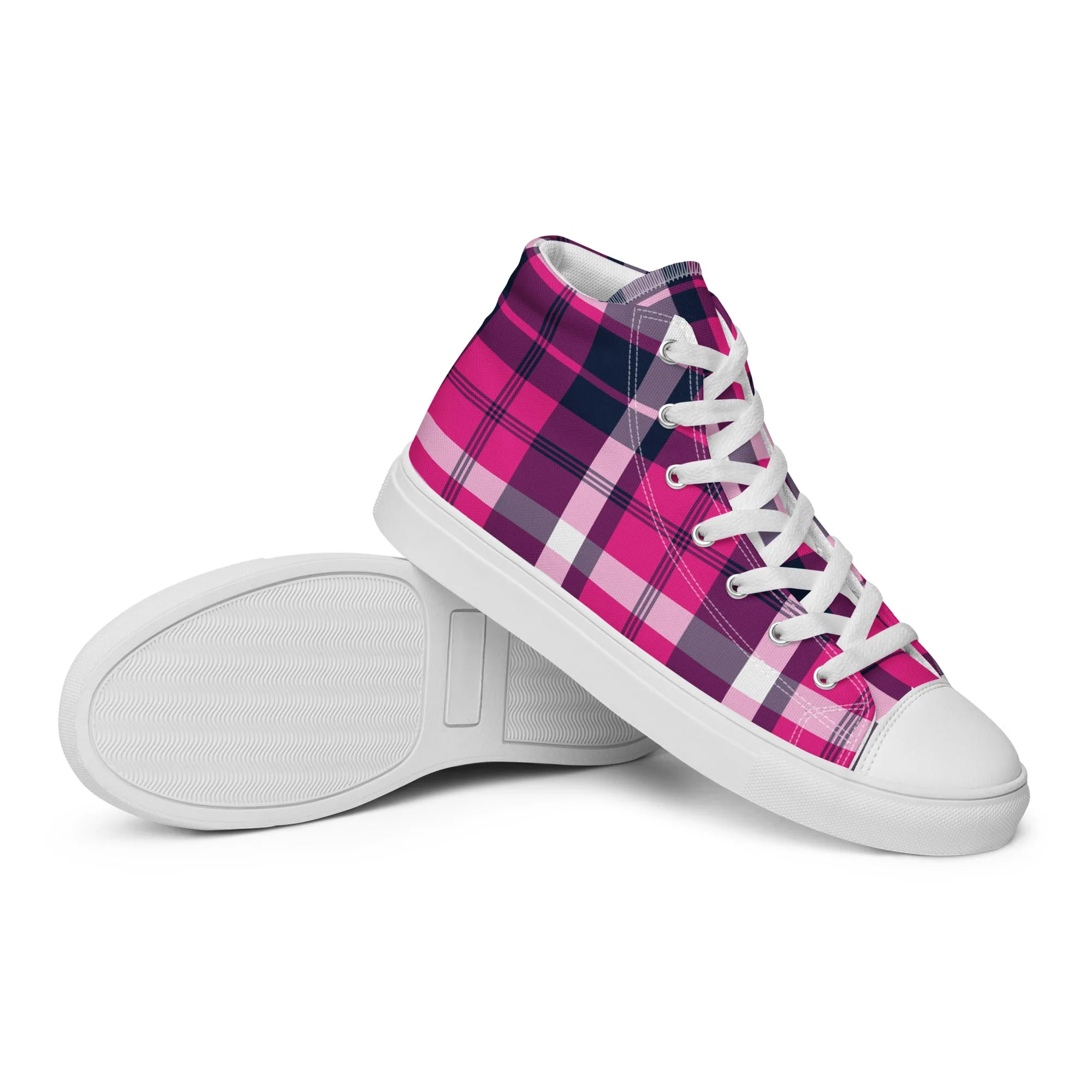 Hot Pink and Navy Blue Surfer Girl Plaid Women’s High Top Canvas Shoes