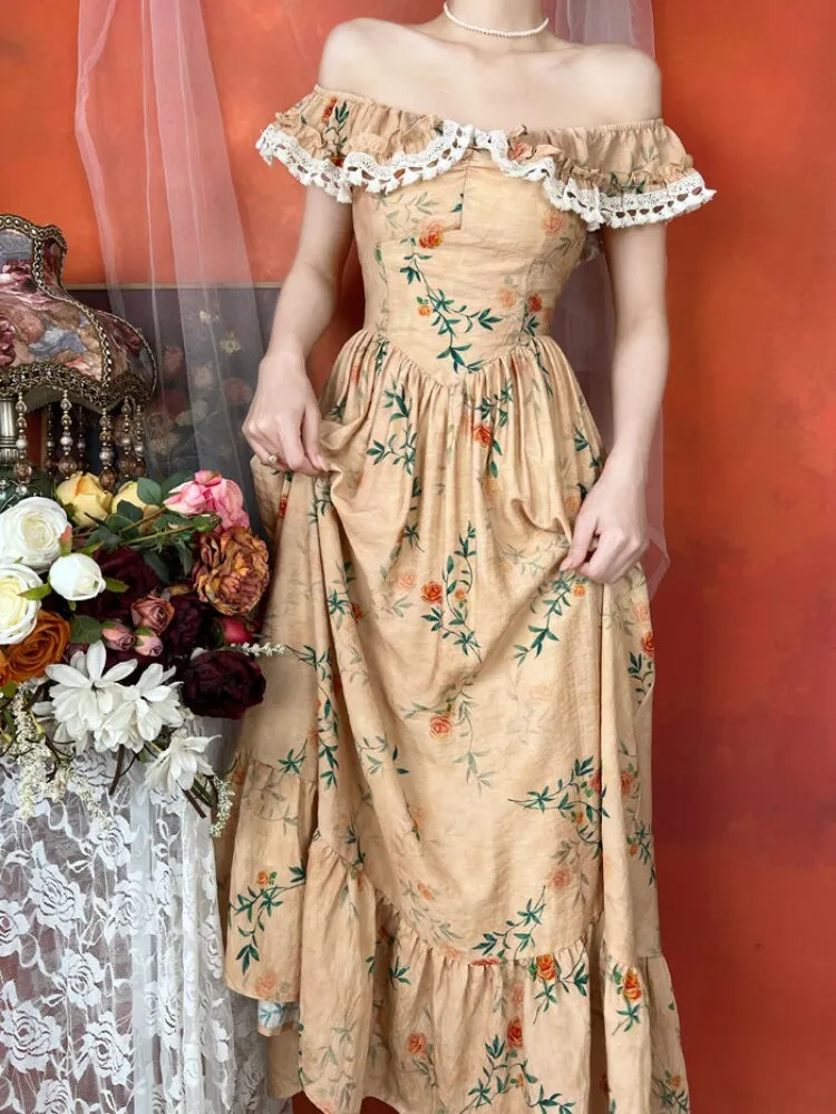 Joskaa Floral Print French Vintage Dress Women Off Shoulder Elegant Sweet Long Dress Female Lace Retro Evening Party Dress Summer 2024