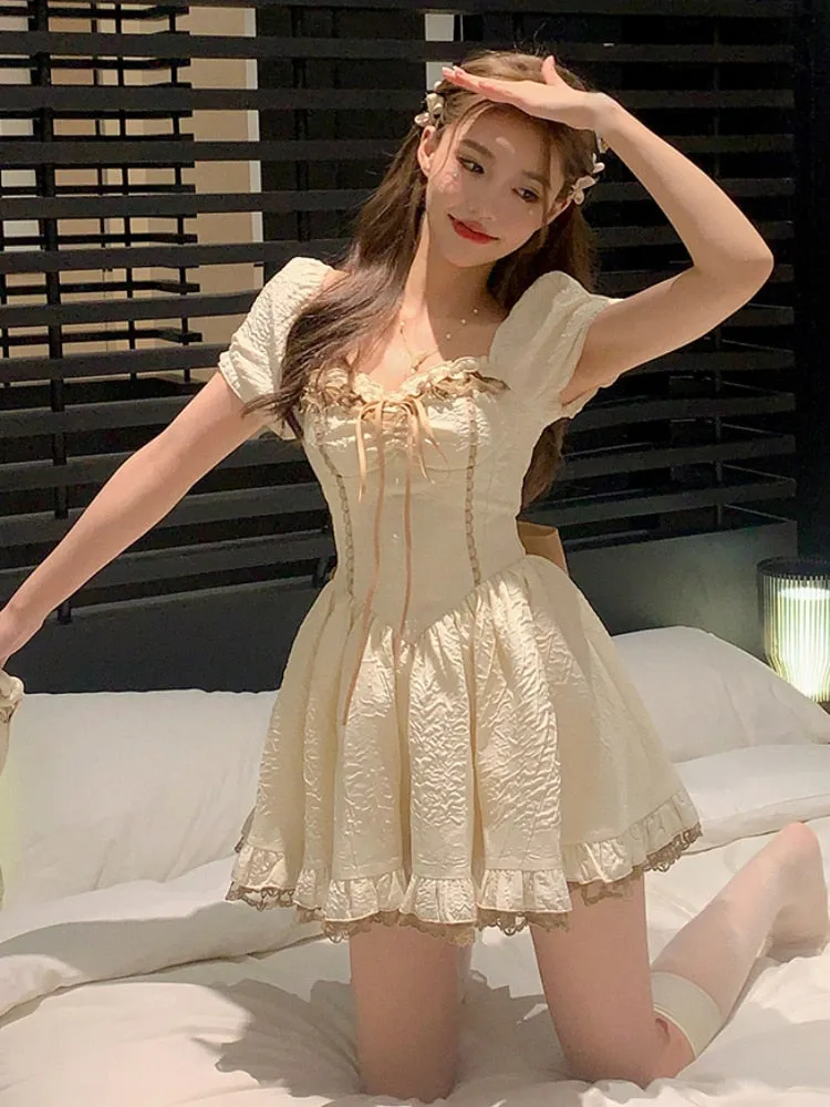 Joskaa hoco dresses Bubble Sleeve Elegant Vintage Dress Women Lace-up Korean Fashion Mini Dress Female Ruffles Princess Sweet Dress 2024 Summer New