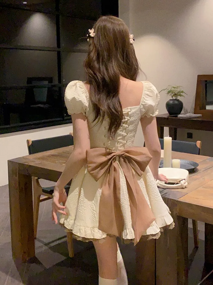 Joskaa hoco dresses Bubble Sleeve Elegant Vintage Dress Women Lace-up Korean Fashion Mini Dress Female Ruffles Princess Sweet Dress 2024 Summer New