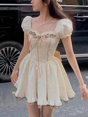 Joskaa hoco dresses Bubble Sleeve Elegant Vintage Dress Women Lace-up Korean Fashion Mini Dress Female Ruffles Princess Sweet Dress 2024 Summer New