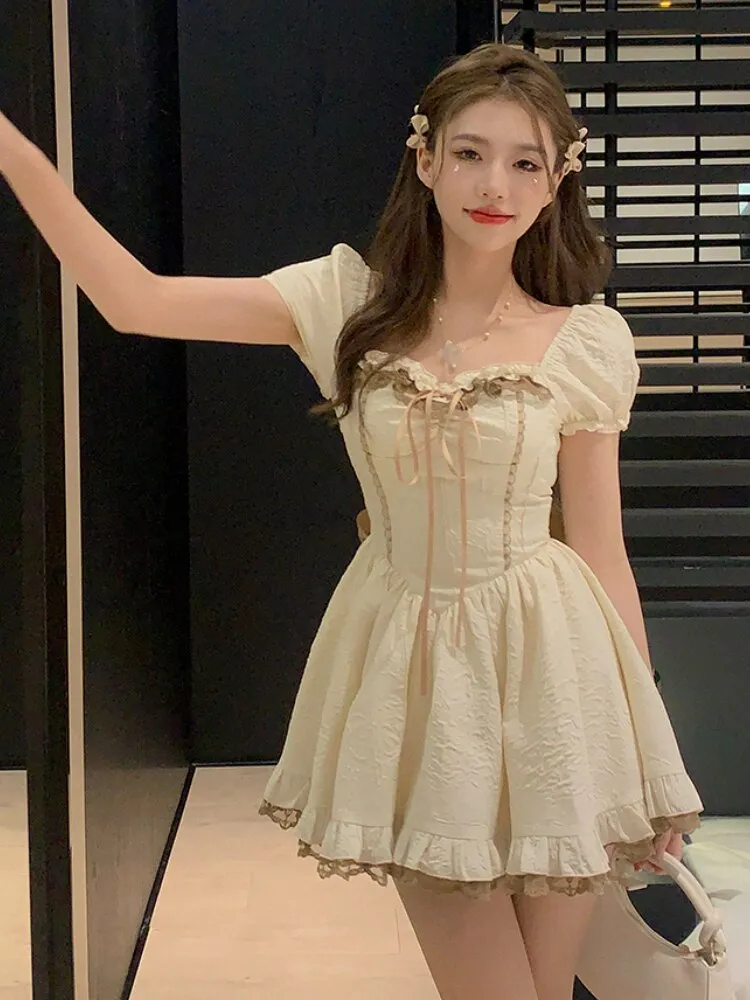 Joskaa hoco dresses Bubble Sleeve Elegant Vintage Dress Women Lace-up Korean Fashion Mini Dress Female Ruffles Princess Sweet Dress 2024 Summer New