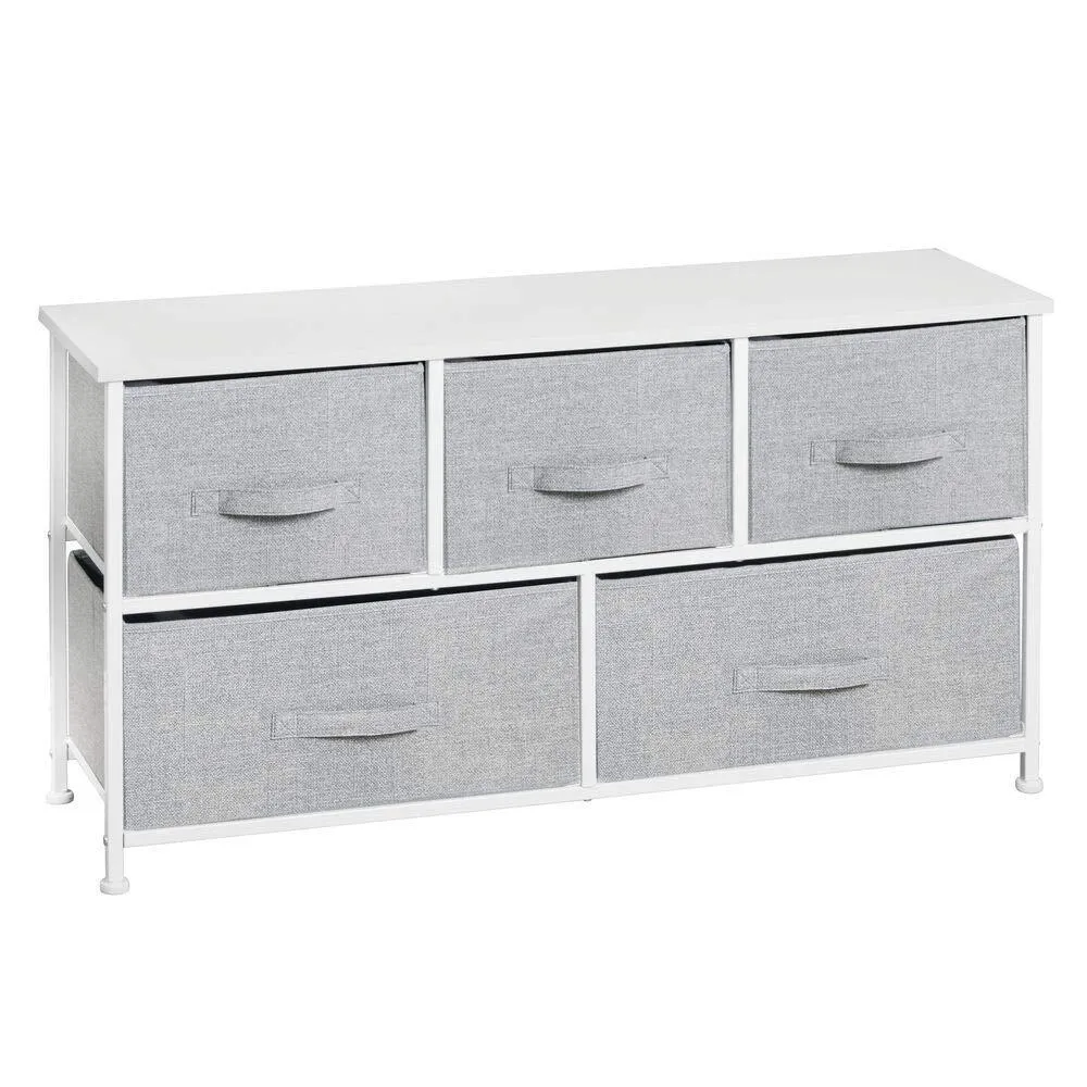 mDesign Extra Wide Dresser Storage Tower - Sturdy Steel Frame, Wood Top, Easy Pull Fabric Bins - Organizer Unit for Bedroom, Hallway, Entryway, Closets - Textured Print - 5 Drawers - Gray/White