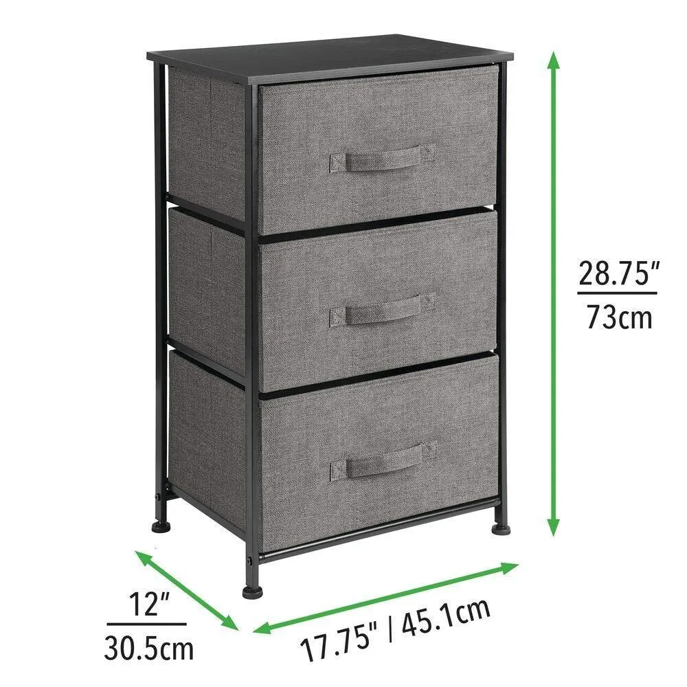 mDesign Vertical Dresser Storage Tower - Sturdy Steel Frame, Wood Top, Easy Pull Fabric Bins - Organizer Unit for Bedroom, Hallway, Entryway, Closets - Textured Print - 3 Drawers, Charcoal Gray/Black