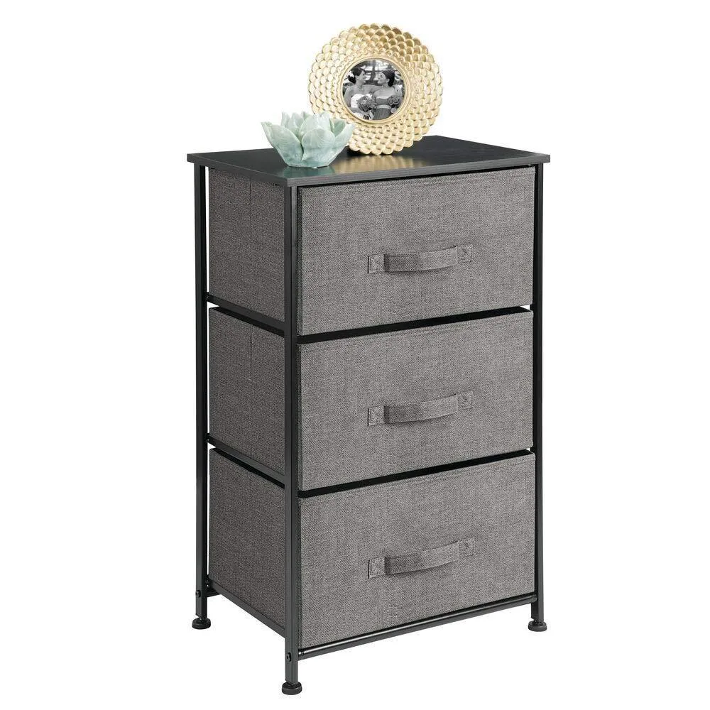 mDesign Vertical Dresser Storage Tower - Sturdy Steel Frame, Wood Top, Easy Pull Fabric Bins - Organizer Unit for Bedroom, Hallway, Entryway, Closets - Textured Print - 3 Drawers, Charcoal Gray/Black