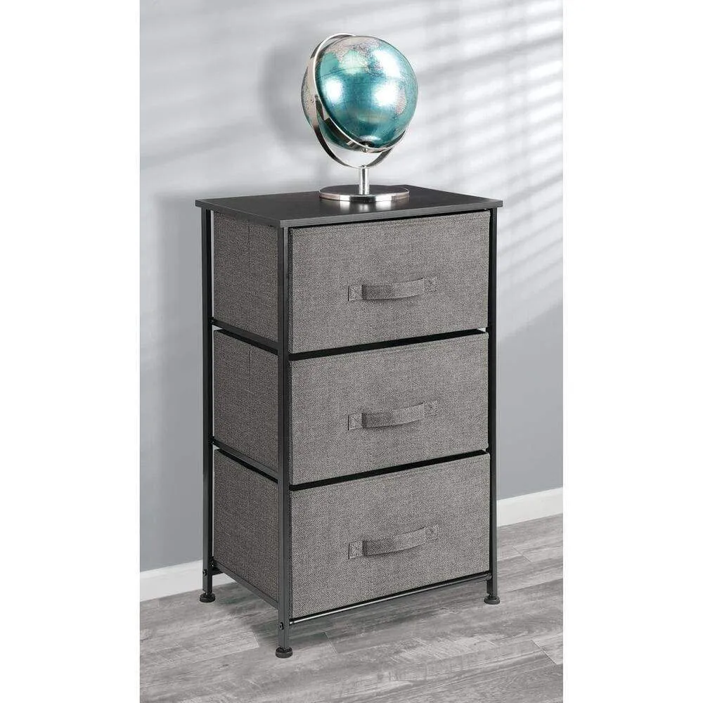 mDesign Vertical Dresser Storage Tower - Sturdy Steel Frame, Wood Top, Easy Pull Fabric Bins - Organizer Unit for Bedroom, Hallway, Entryway, Closets - Textured Print - 3 Drawers, Charcoal Gray/Black