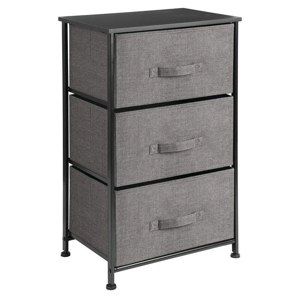 mDesign Vertical Dresser Storage Tower - Sturdy Steel Frame, Wood Top, Easy Pull Fabric Bins - Organizer Unit for Bedroom, Hallway, Entryway, Closets - Textured Print - 3 Drawers, Charcoal Gray/Black