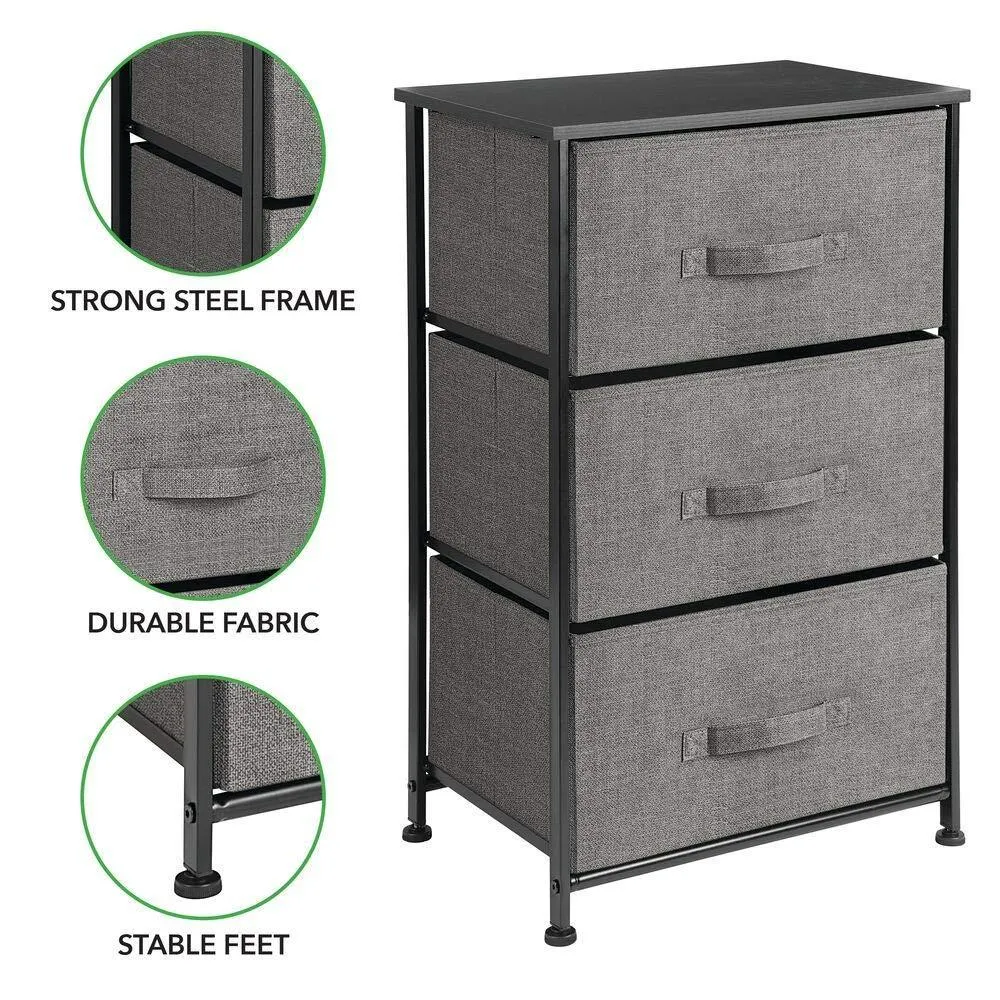 mDesign Vertical Dresser Storage Tower - Sturdy Steel Frame, Wood Top, Easy Pull Fabric Bins - Organizer Unit for Bedroom, Hallway, Entryway, Closets - Textured Print - 3 Drawers, Charcoal Gray/Black