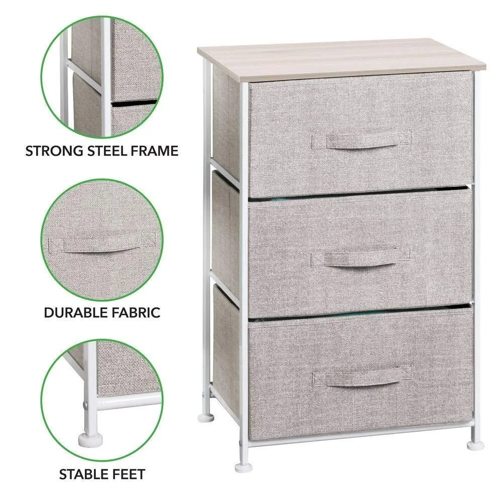 mDesign Vertical Dresser Storage Tower - Sturdy Steel Frame, Wood Top, Easy Pull Fabric Bins - Organizer Unit for Bedroom, Hallway, Entryway, Closets - Textured Print - 3 Drawers - Linen/Natural