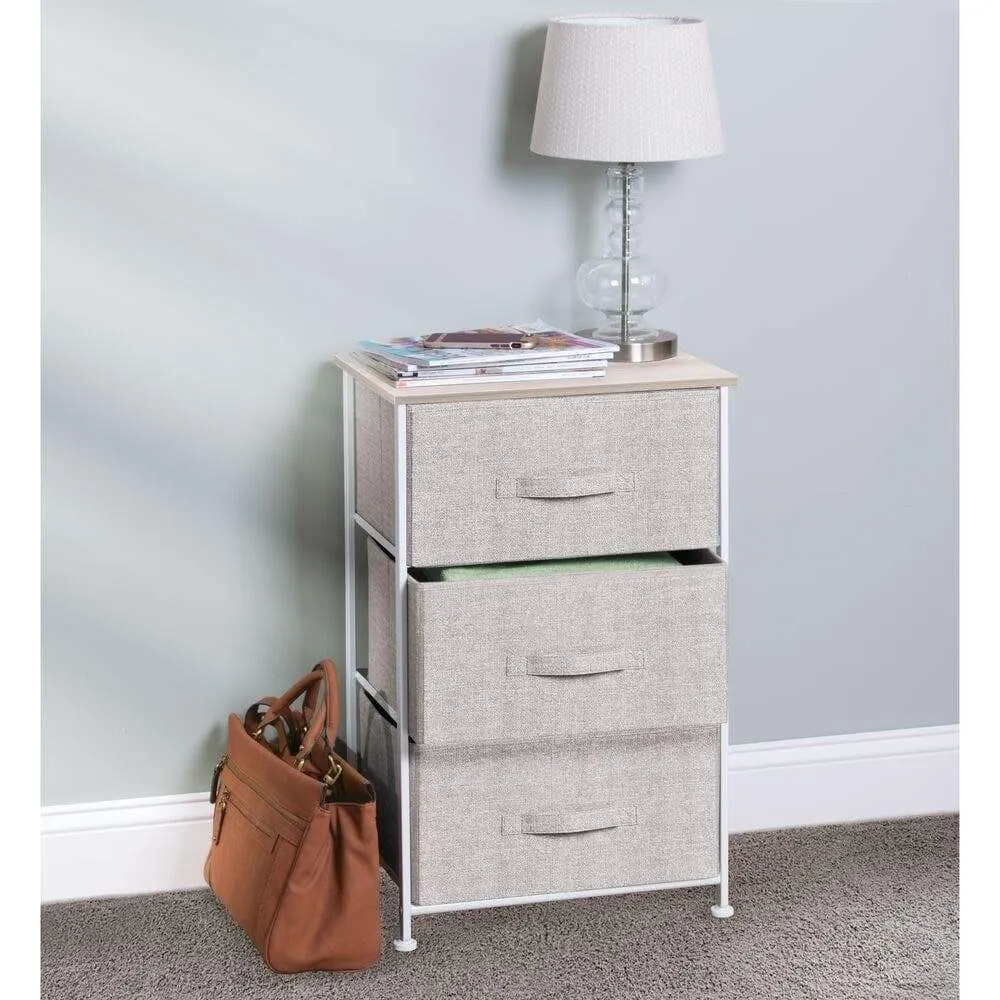 mDesign Vertical Dresser Storage Tower - Sturdy Steel Frame, Wood Top, Easy Pull Fabric Bins - Organizer Unit for Bedroom, Hallway, Entryway, Closets - Textured Print - 3 Drawers - Linen/Natural