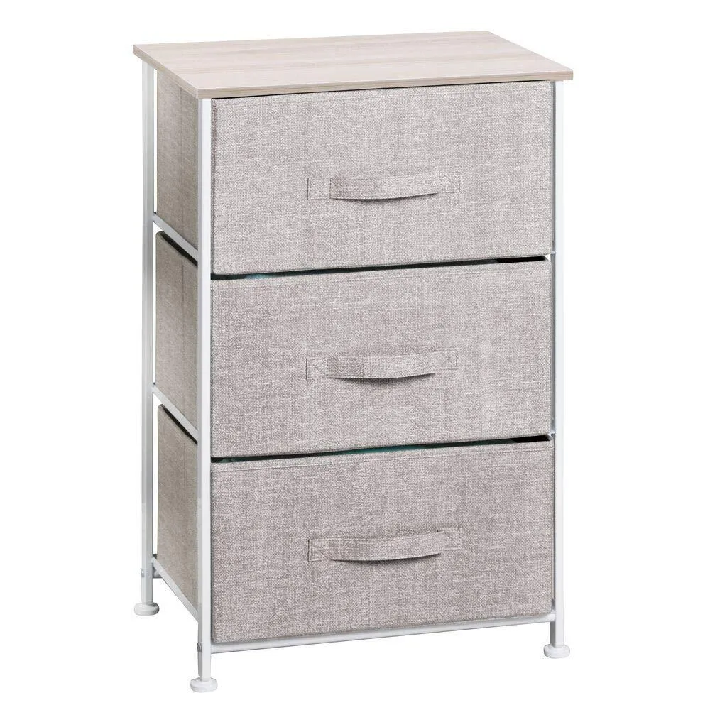 mDesign Vertical Dresser Storage Tower - Sturdy Steel Frame, Wood Top, Easy Pull Fabric Bins - Organizer Unit for Bedroom, Hallway, Entryway, Closets - Textured Print - 3 Drawers - Linen/Natural