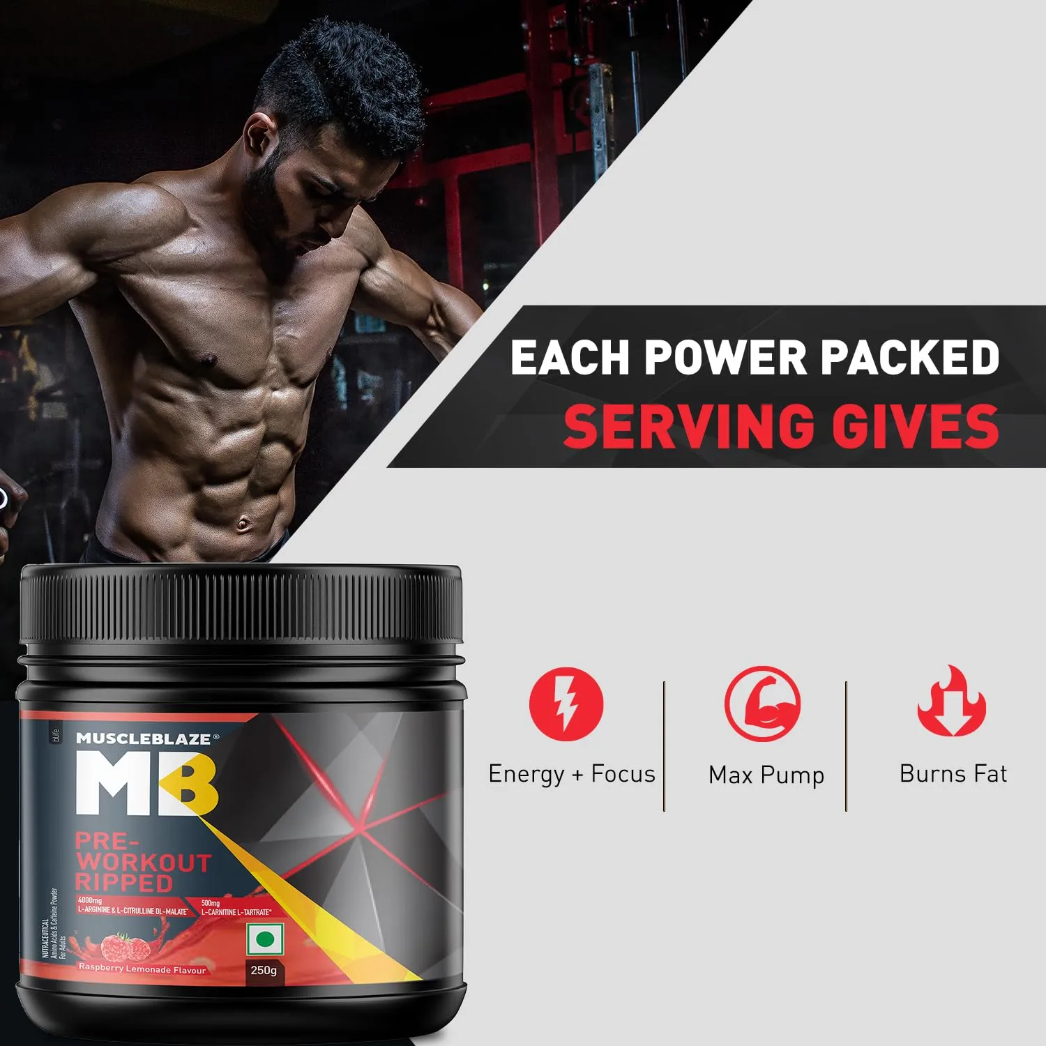 MuscleBlaze Pre-Workout Ripped-250g- Raspberry Lemonade Flavour