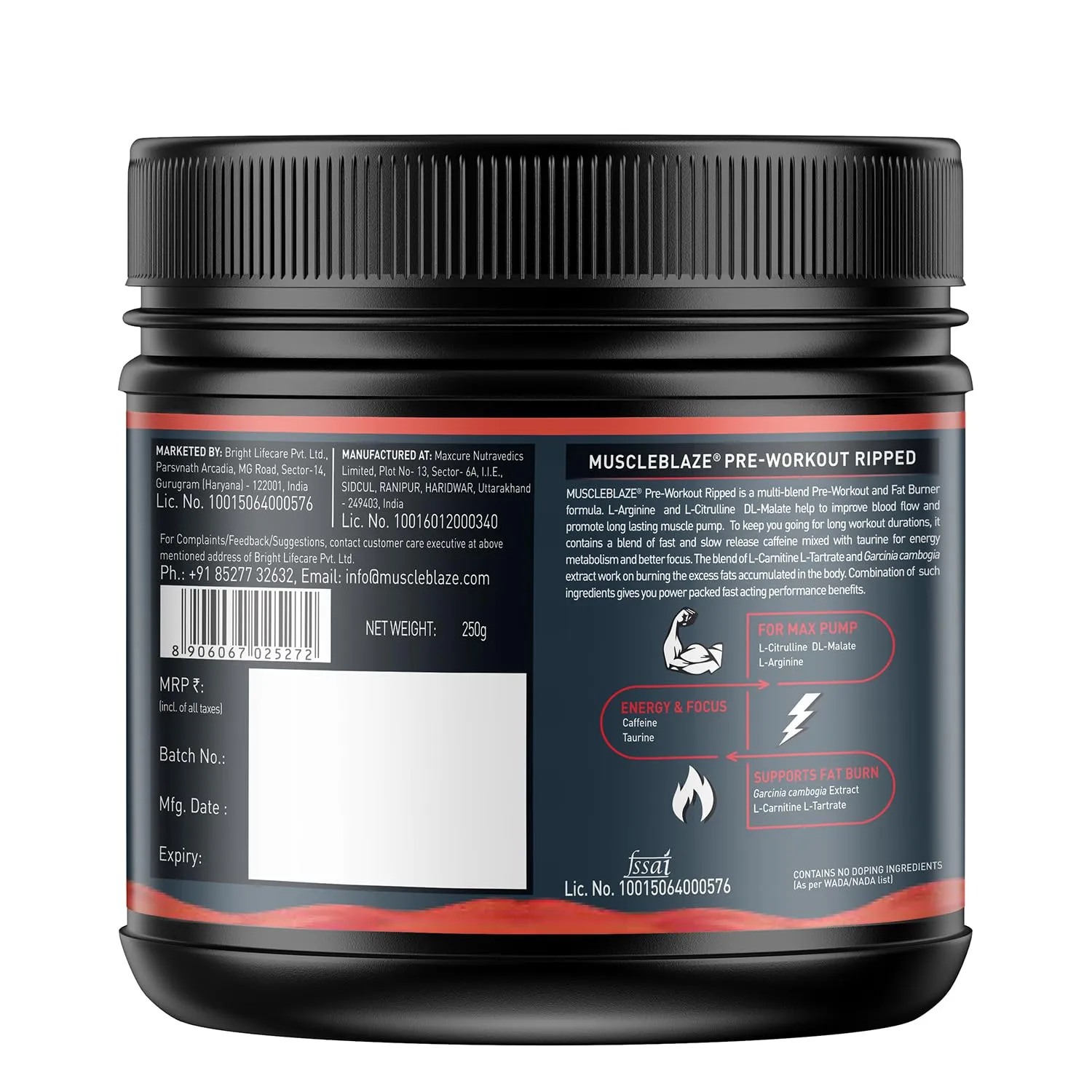 MuscleBlaze Pre-Workout Ripped-250g- Raspberry Lemonade Flavour