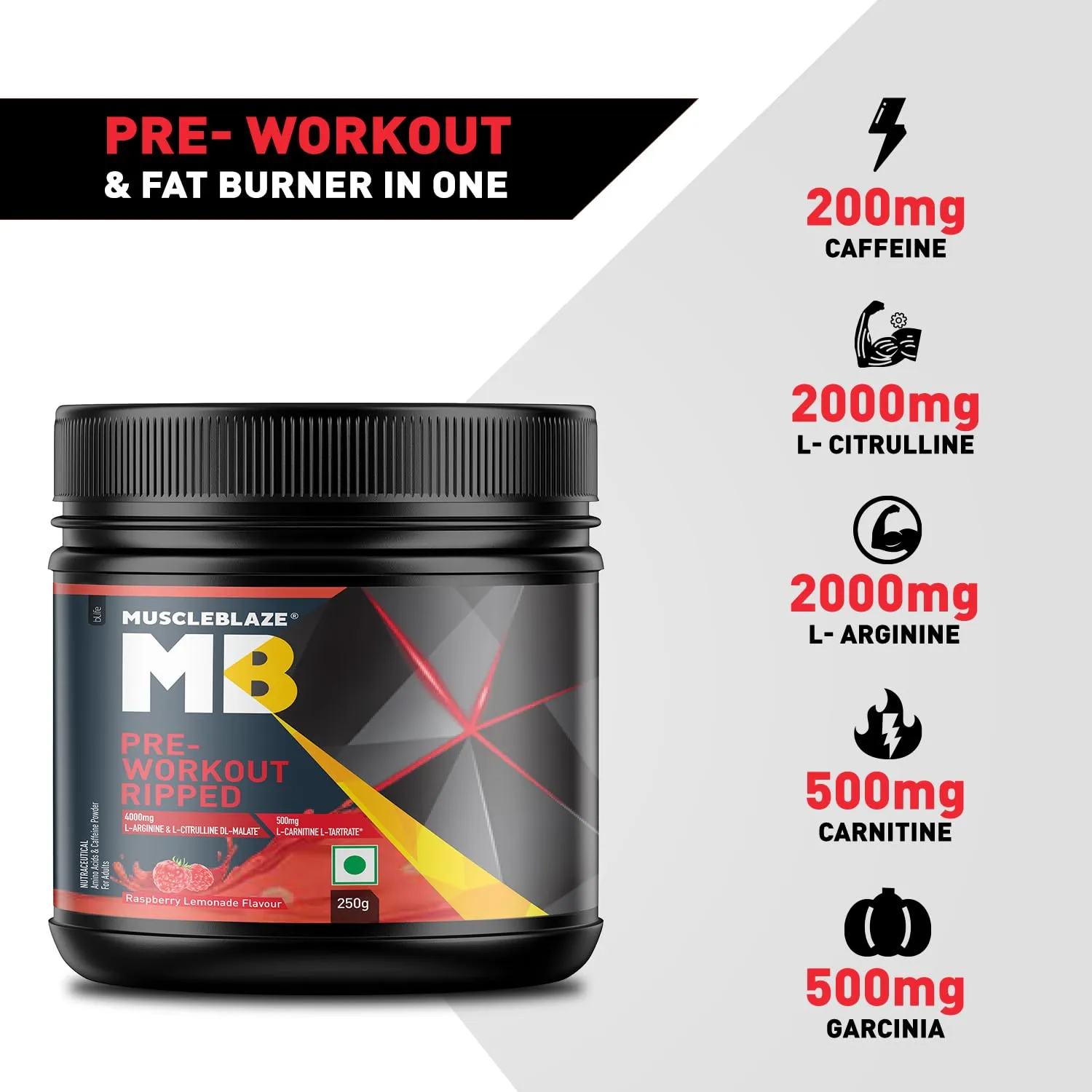 MuscleBlaze Pre-Workout Ripped-250g- Raspberry Lemonade Flavour