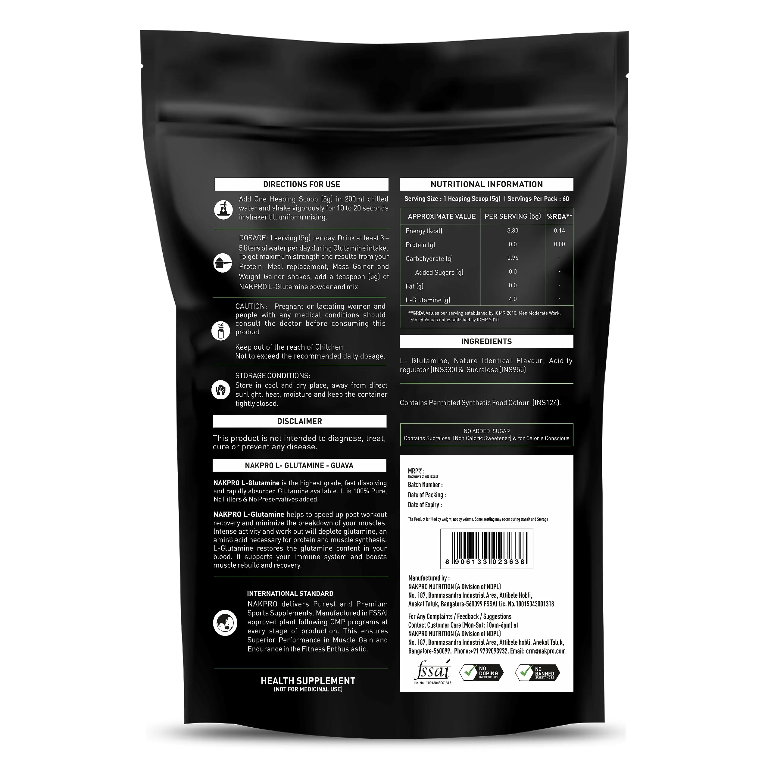 Nakpro L-Glutamine Powder | 4g Glutamine Per Serving, 60 Servings | Post Workout Amino Acid Supplement for Muscle Growth and Recovery (Pink Guava, 300g)