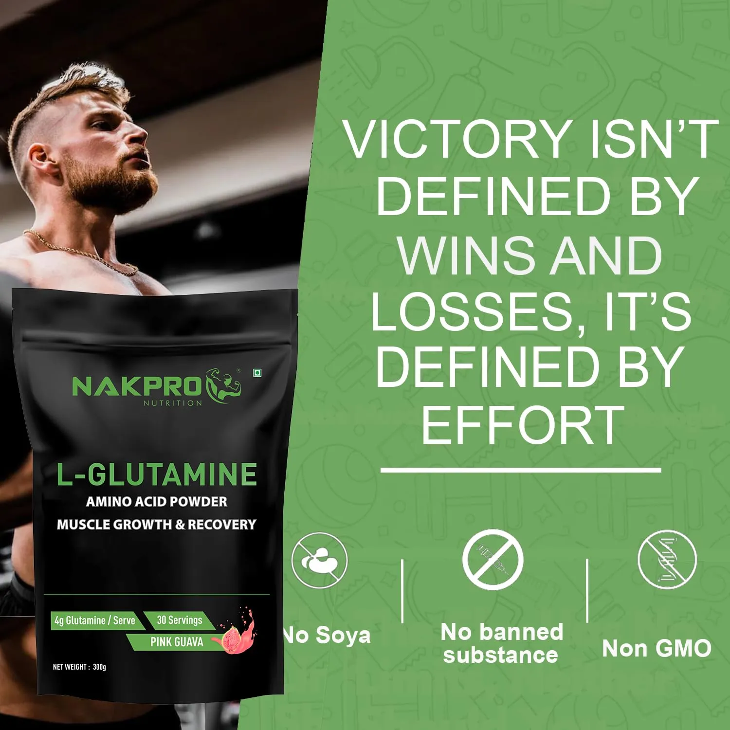 Nakpro L-Glutamine Powder | 4g Glutamine Per Serving, 60 Servings | Post Workout Amino Acid Supplement for Muscle Growth and Recovery (Pink Guava, 300g)