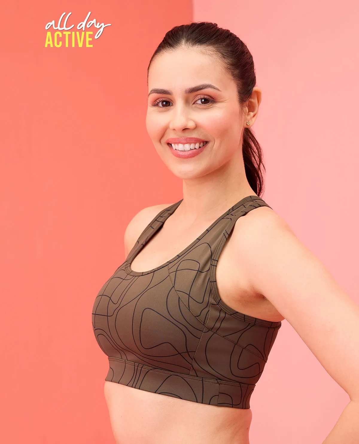 Nykd All Day On-Trend Sports Bra With Keyhole Back - NYK082 - Doodle Olive Print