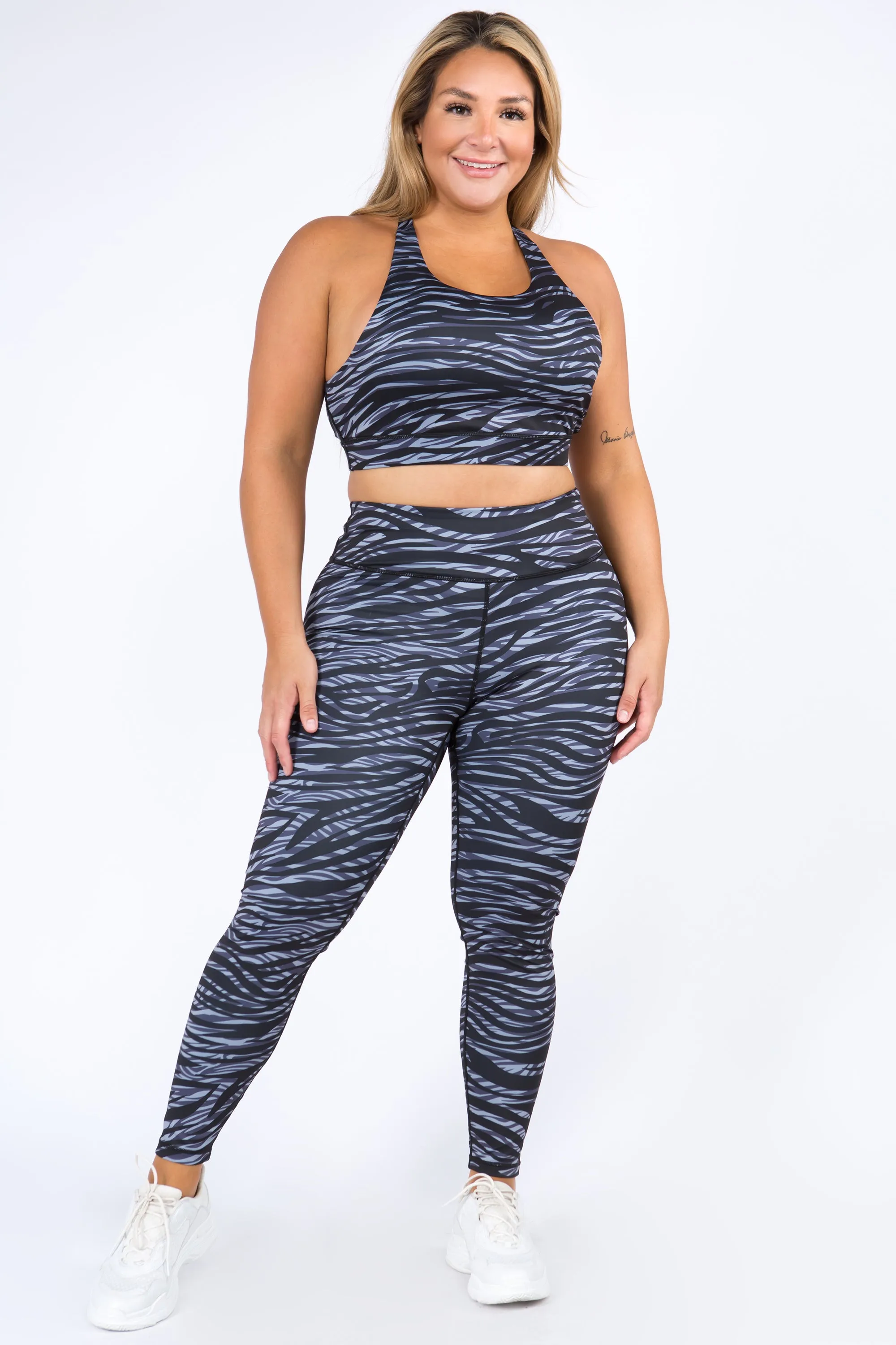 Plus Size Toned Zebra Print Active Set