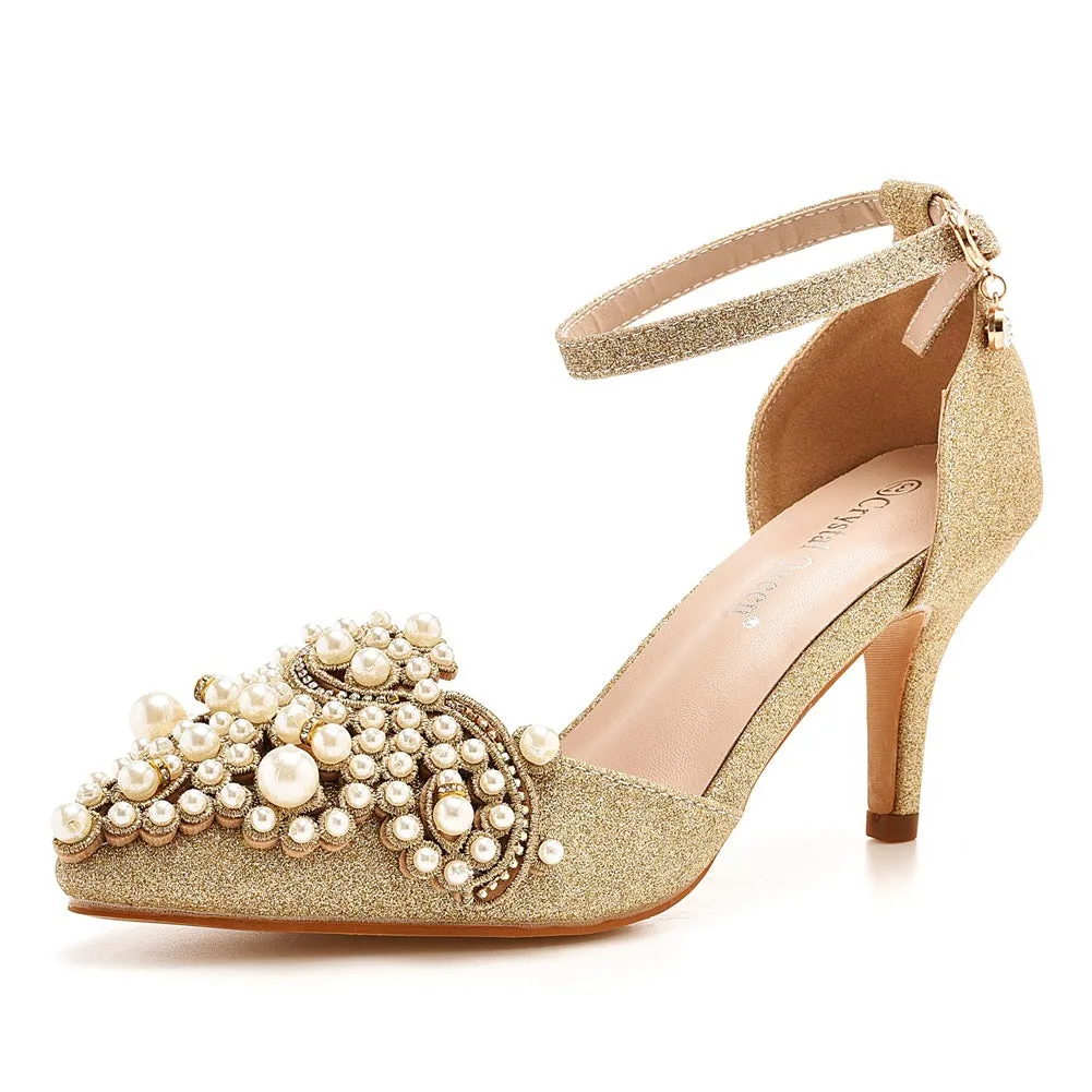 Pointed Toe Pearl Gold Glitter Ankle Strap High Heel