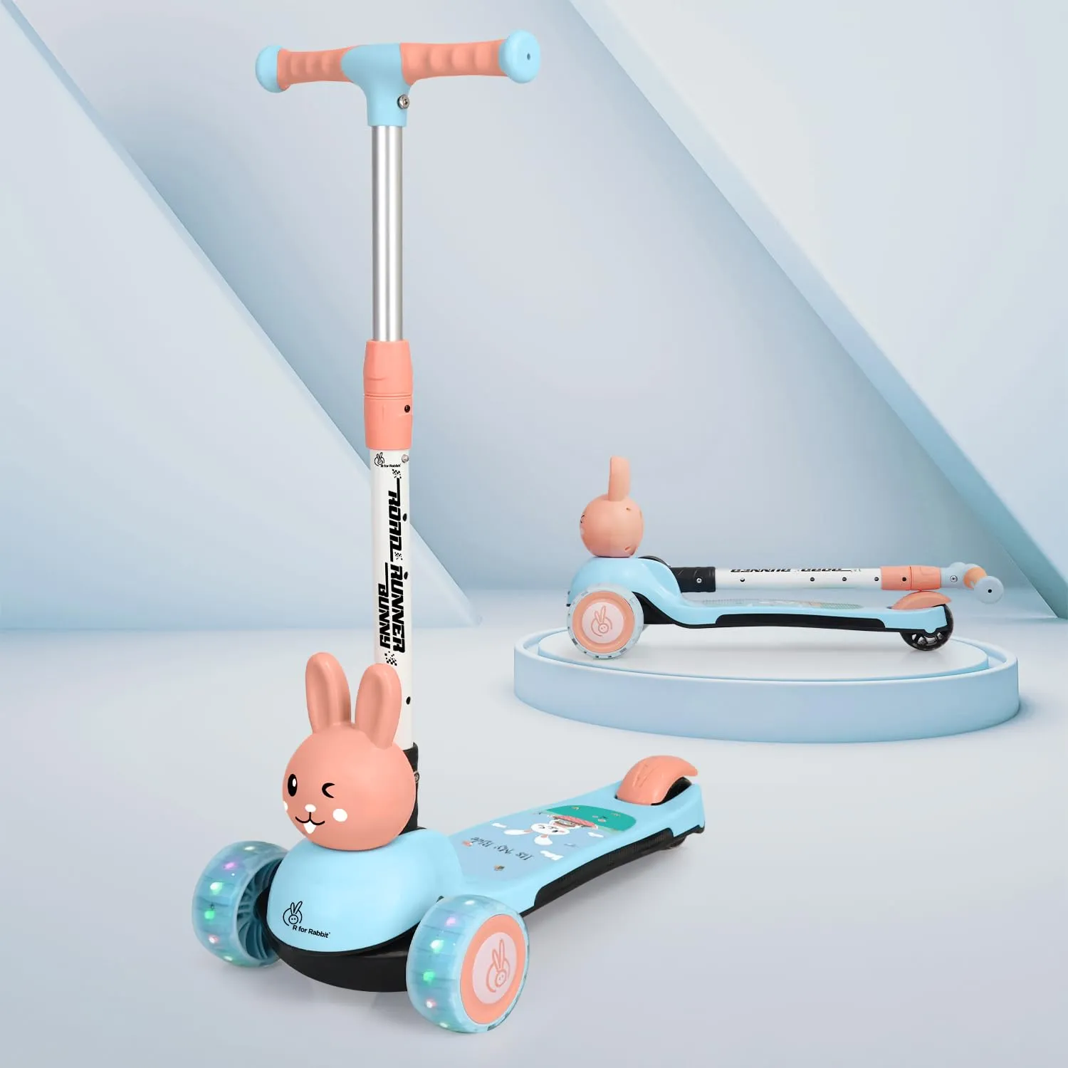 R for Rabbit Road Runner Bunny Kids Scooter, 3 Level Adjustable Height, Smart Fold & PU LED Wheels Kick Scooter with Brake for 3  Years Kids, Weight Capacity Upto 75kgs|6 Months Warranty|(Blue Peach)