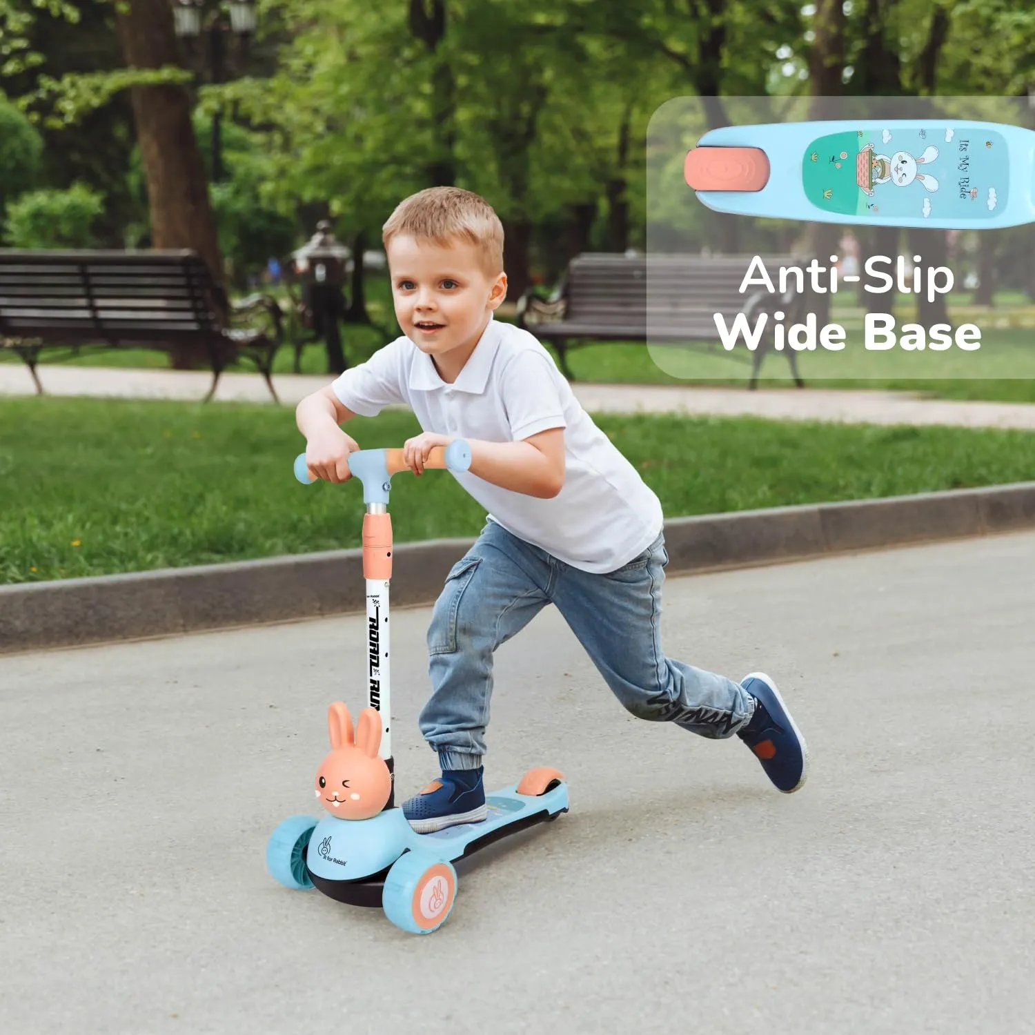 R for Rabbit Road Runner Bunny Kids Scooter, 3 Level Adjustable Height, Smart Fold & PU LED Wheels Kick Scooter with Brake for 3  Years Kids, Weight Capacity Upto 75kgs|6 Months Warranty|(Blue Peach)