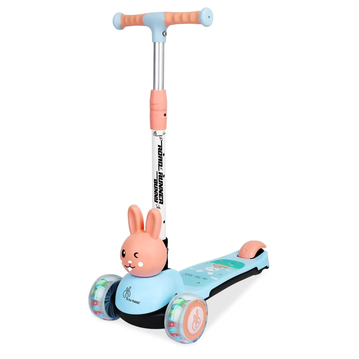 R for Rabbit Road Runner Bunny Kids Scooter, 3 Level Adjustable Height, Smart Fold & PU LED Wheels Kick Scooter with Brake for 3  Years Kids, Weight Capacity Upto 75kgs|6 Months Warranty|(Blue Peach)