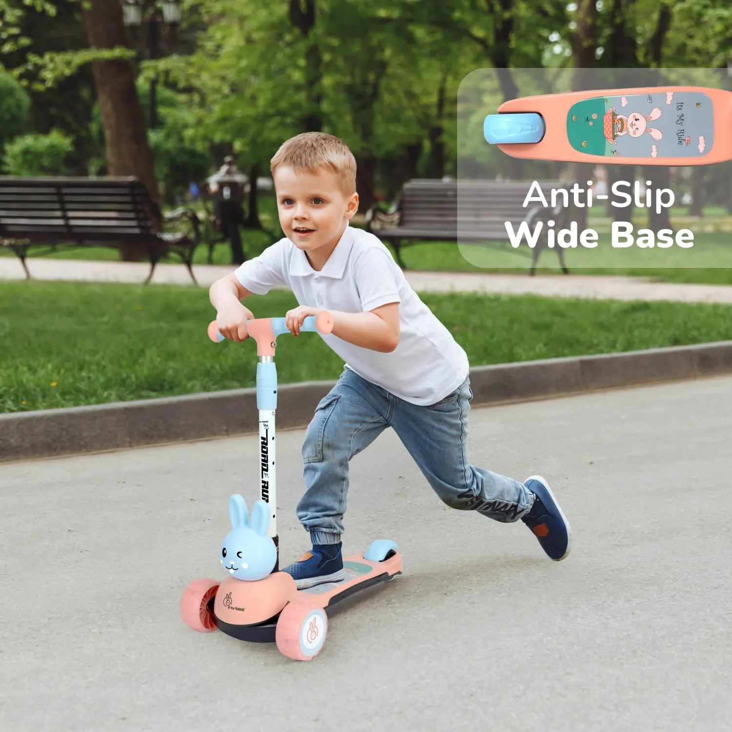 R for Rabbit Road Runner Bunny Kids Scooter, 3 Level Adjustable Height, Smart Fold & PU LED Wheels Kick Scooter with Brake for 3  Years Kids, Weight Capacity Upto 75kgs|6 Months Warranty|(Pink Blue)