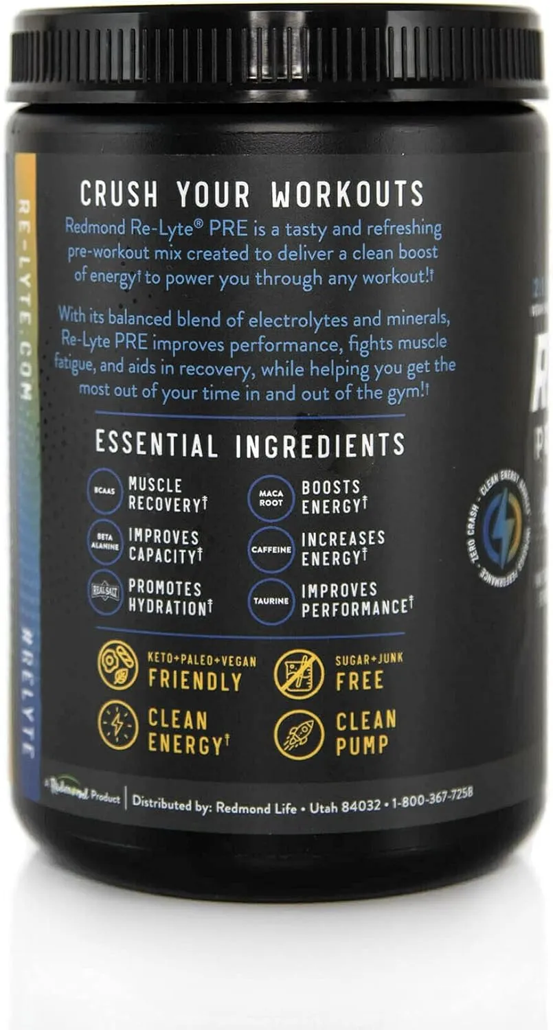 REDMOND, Re-Lyte Pre-Workout Drink Mix, Blueberry Lemonade, 15.87oz