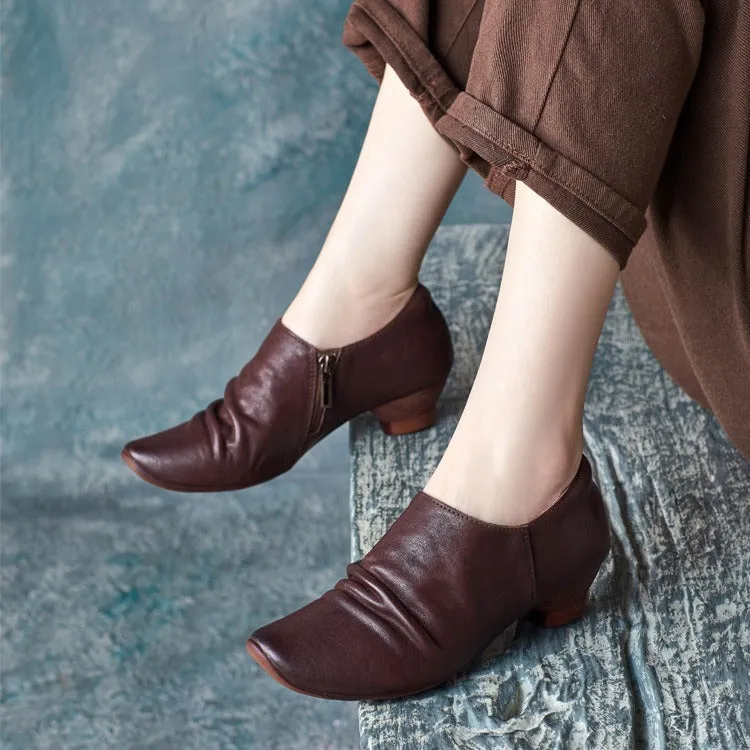 Retro Curved Toe Ruched Leather Ankle Shoes for Women