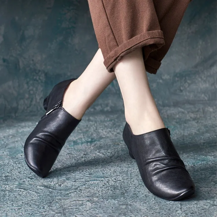 Retro Curved Toe Ruched Leather Ankle Shoes for Women