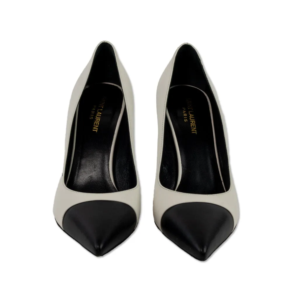 Saint Laurent White Leather Pointed Toe Pumps with Black Toe Cap