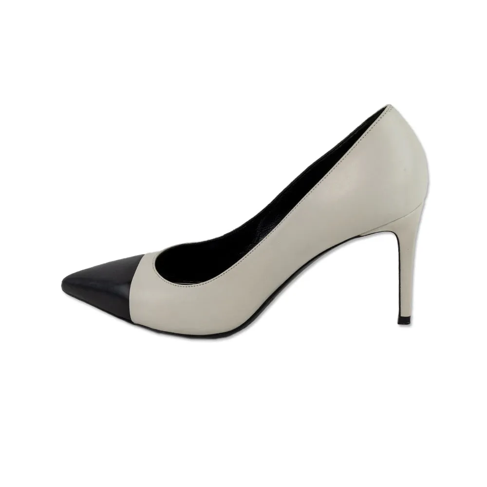 Saint Laurent White Leather Pointed Toe Pumps with Black Toe Cap