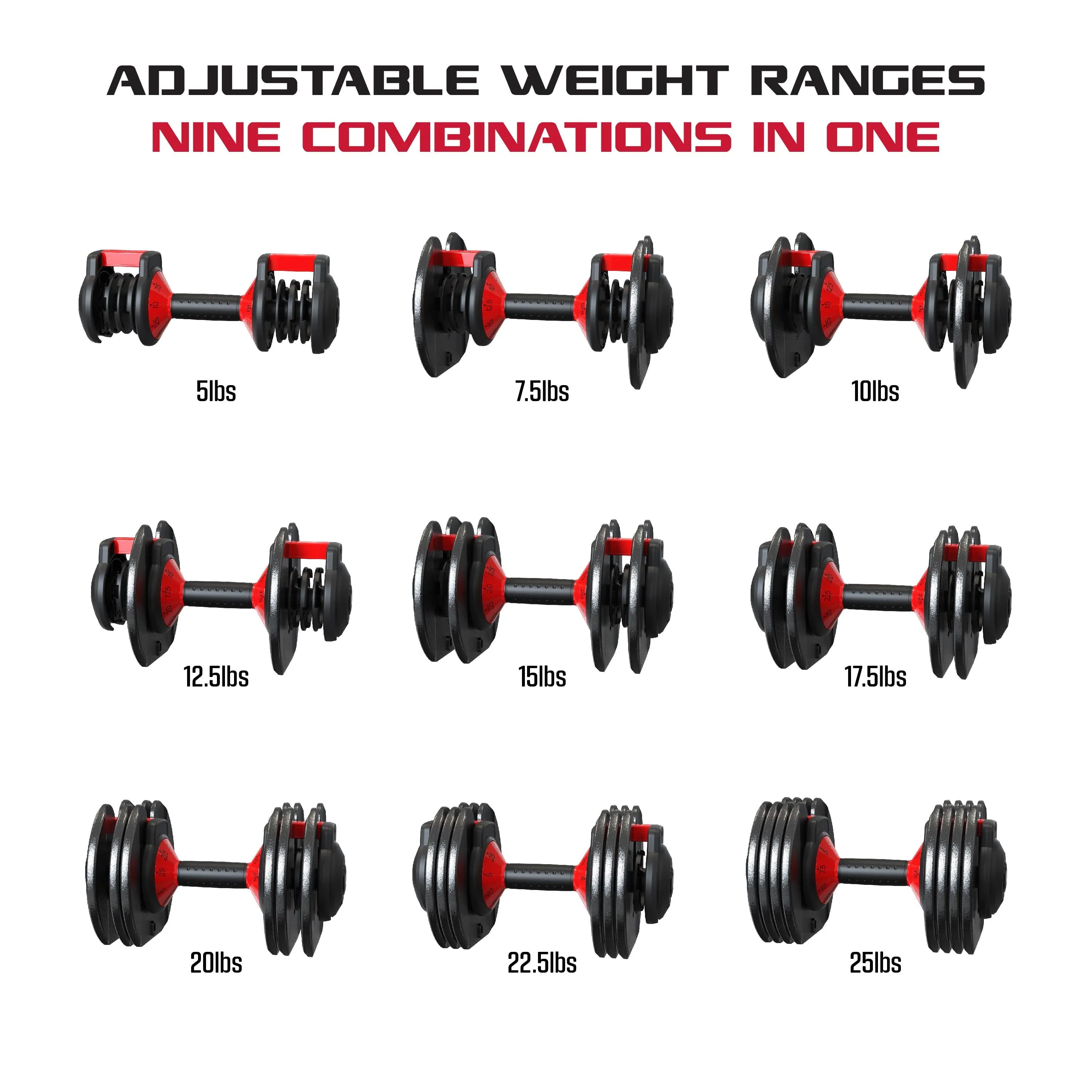 Smartbell, 25Lbs. Quick-Select 9 in 1 Adjustable Dumbbell for Home Gym, 5-25Lbs. Weight in 2.5Lbs Increments