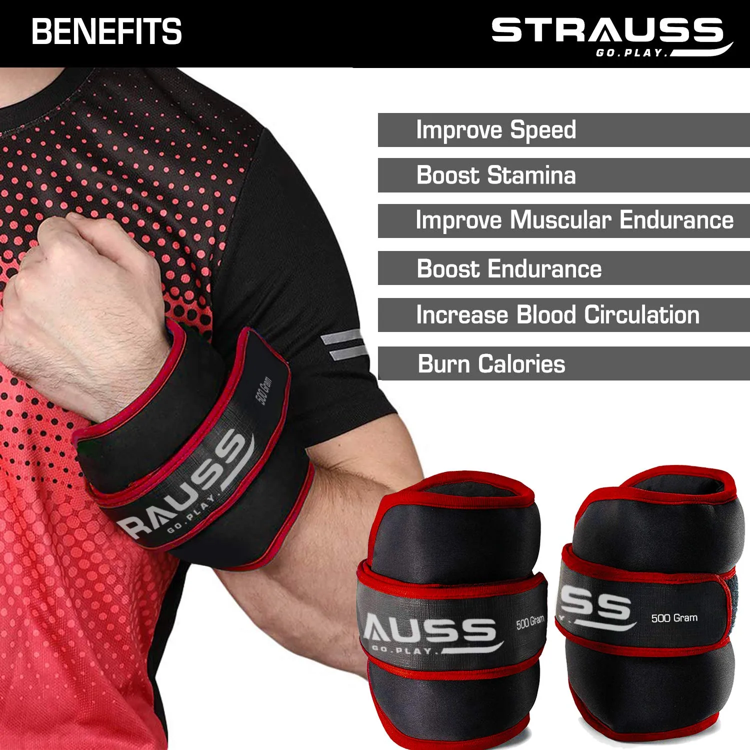 Strauss Ankle Weights for Exercise & Fitness|Adjustable Round Belt Design |Leg Weights for Strength Training, Walking Running, Jogging,Exercise & Gym Workout| Comfortable & Durable | (0.5 Kg Red Pair)