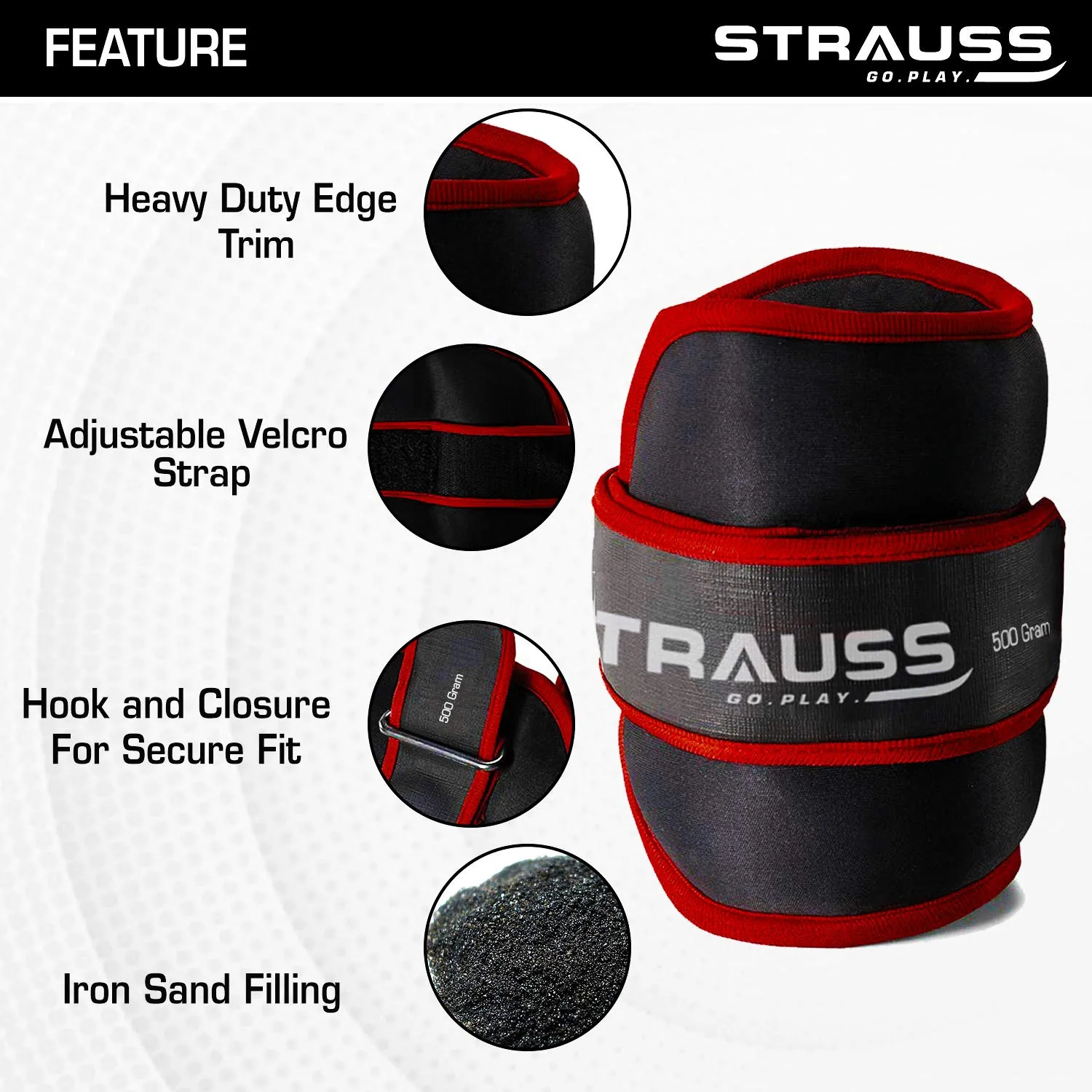 Strauss Ankle Weights for Exercise & Fitness|Adjustable Round Belt Design |Leg Weights for Strength Training, Walking Running, Jogging,Exercise & Gym Workout| Comfortable & Durable | (0.5 Kg Red Pair)