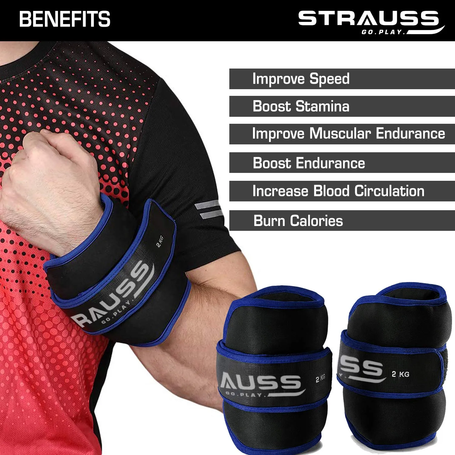 Strauss Ankle Weights for Exercise & Fitness|Adjustable Round Belt Design | Leg Weights for Strength Training, Walking Running, Jogging,Exercise & Gym Workout| Comfortable & Durable | (2 Kg Blue Pair)