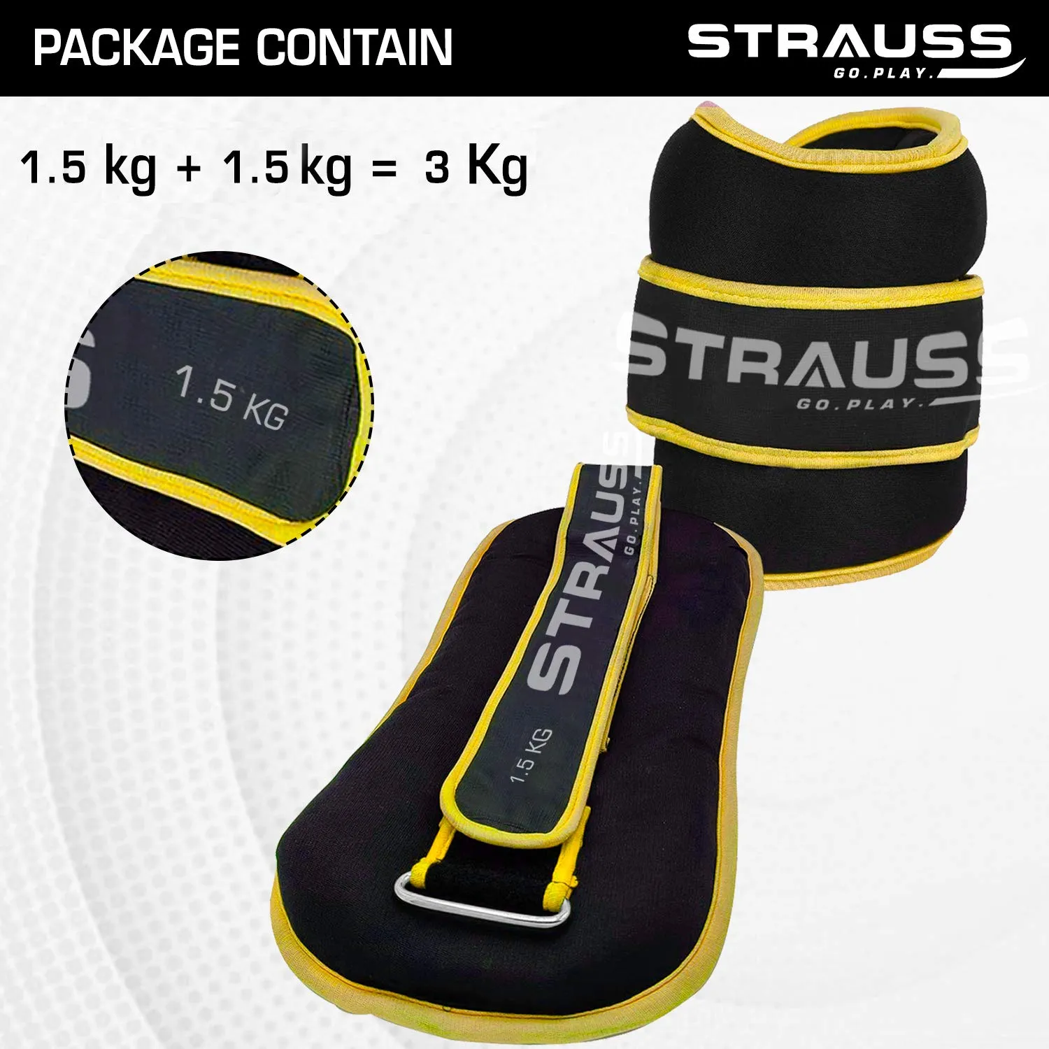 Strauss Ankle Weights for Exercise & Fitness|Adjustable Round Belt Design|Leg Weights for Strength Training,Walking Running,Jogging,Exercise &Gym Workout|Comfortable & Durable|1.5Kg(Each)(Yellow Pair)