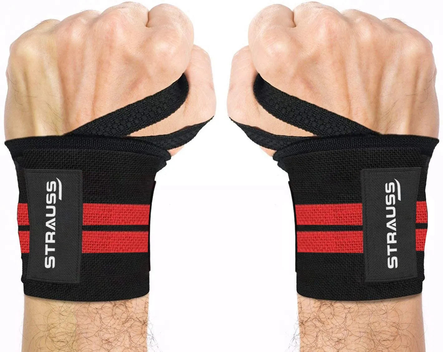 STRAUSS WL Cotton Wrist Supporter with Thumb Loop Straps & Closures for Gym, Workouts & Strength Training| Adjustable & Breathable Material with Powerful Velcro & Soft Material, (Black/red)